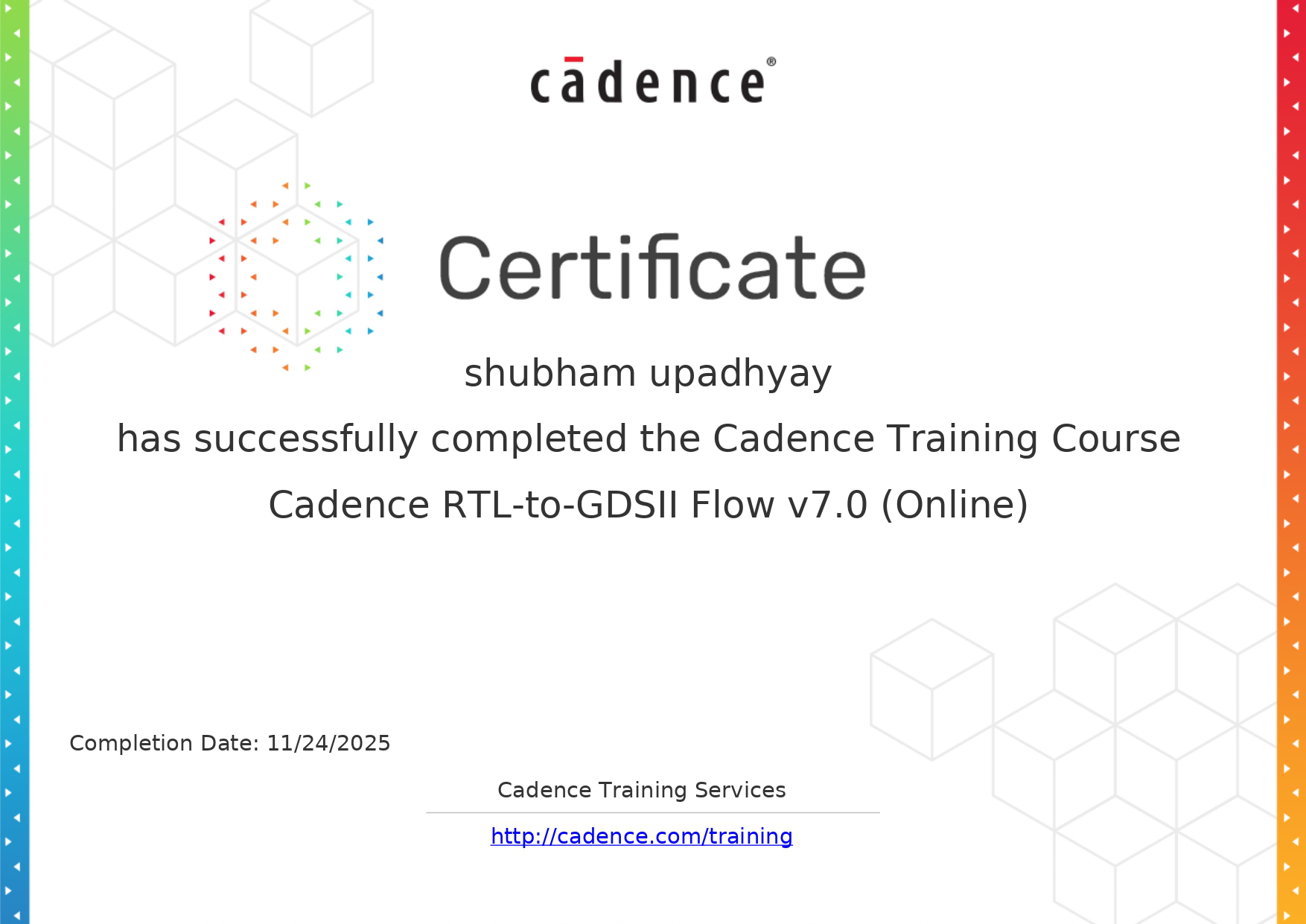 Cadence RTL-to-GDSII Flow certificate