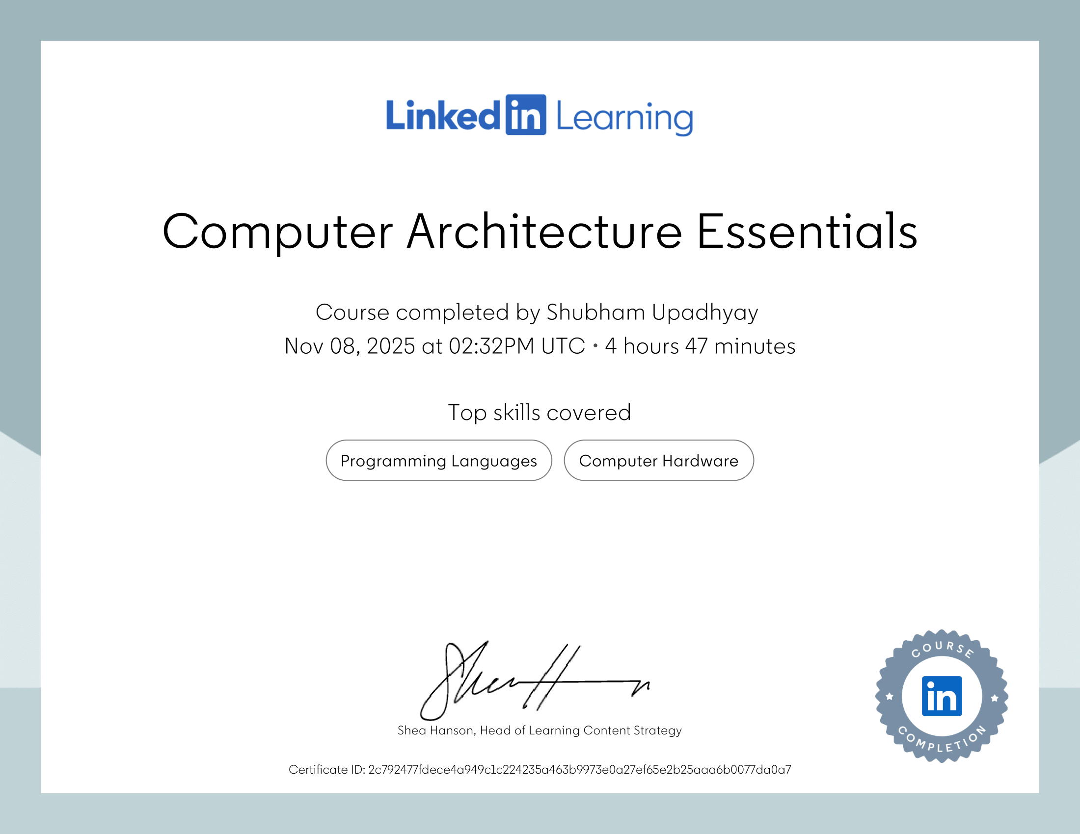 Computer Architecture Essentials certificate