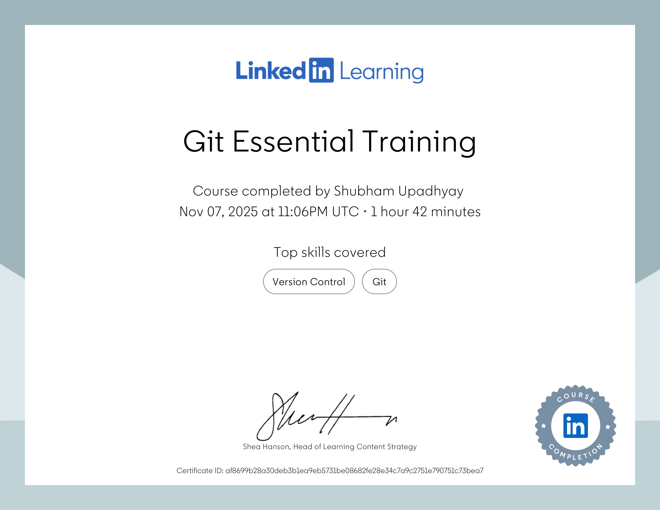Git Essential Training certificate