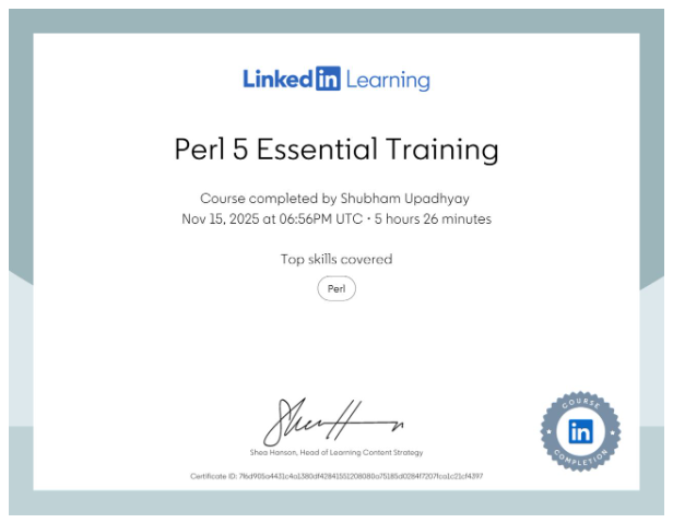 Perl 5 Essential Training certificate