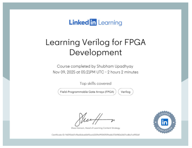 Learning Verilog for FPGA Development certificate